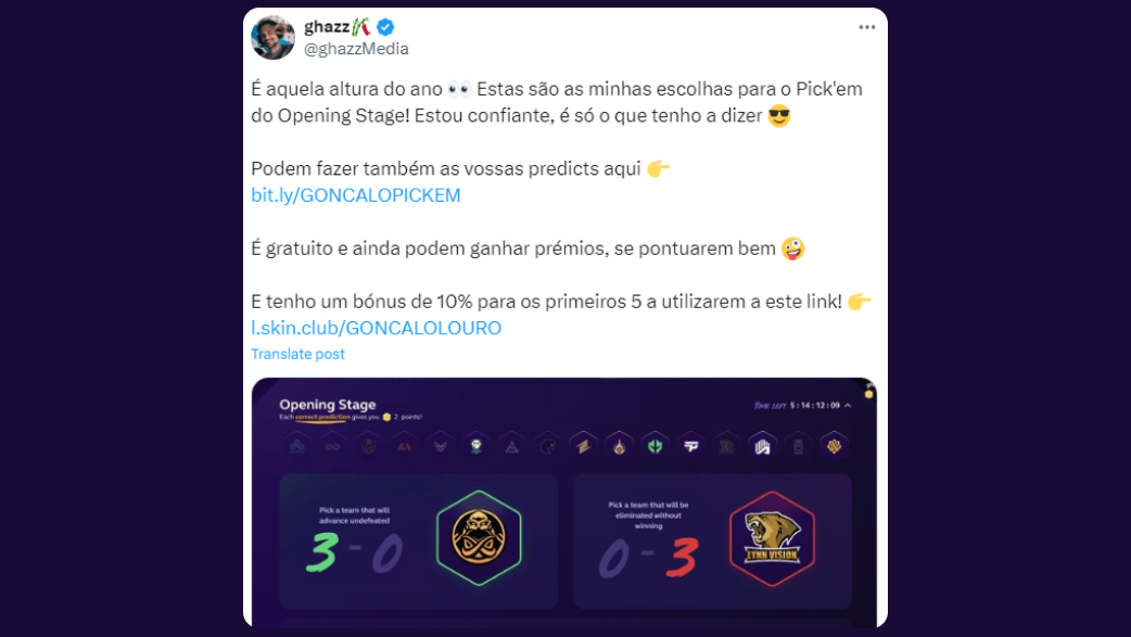 ghazz: Estas são as minhas escolhas para o Pick’em do Opening Stage!