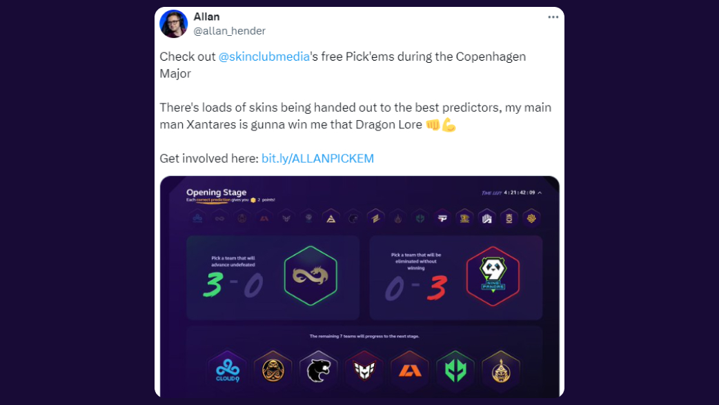 Allan: There’s loads of skins being handed out to the best predictors, my main man Xantares is gunna win me that Dragon Lore