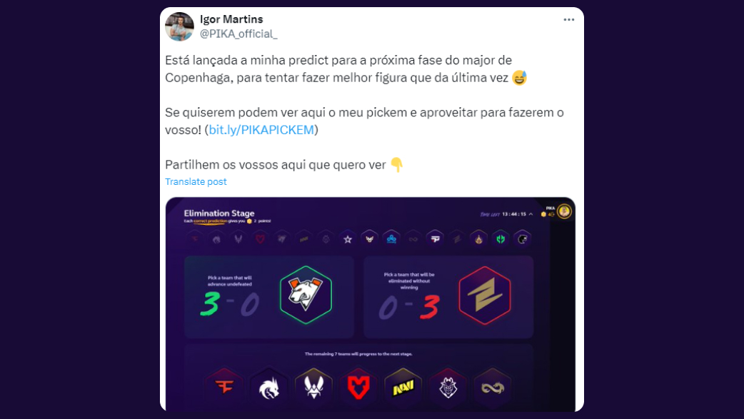 Igor Martins: Está lançada a minha predict para a próxima fase do major de Copenhaga, para tentar fazer melhor figura que da última vez