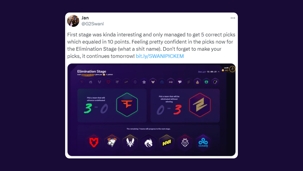SWANI: Feeling pretty confident in the picks now for the Elimination Stage