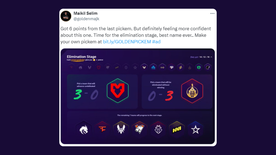 Maikil Selim: Got 6 points from the last pickem. But definitely feeling more confident about this one.