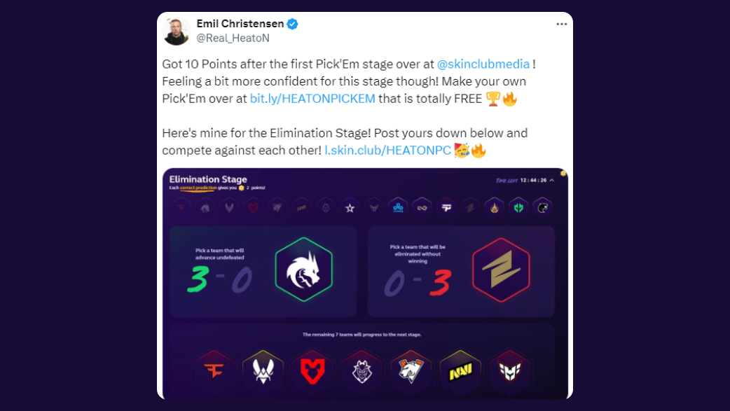 Emil Christensen: Here’s mine for the Elimination Stage!