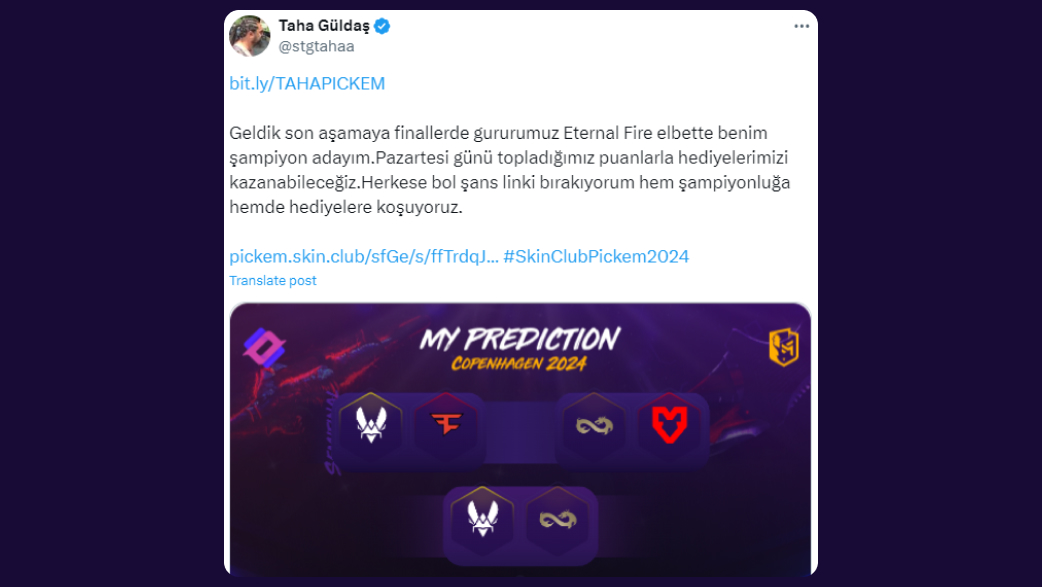 Taha Güldaş: Geldik son aşamaya finallerde gururumuz Eternal Fire elbette benim şampiyon adayım